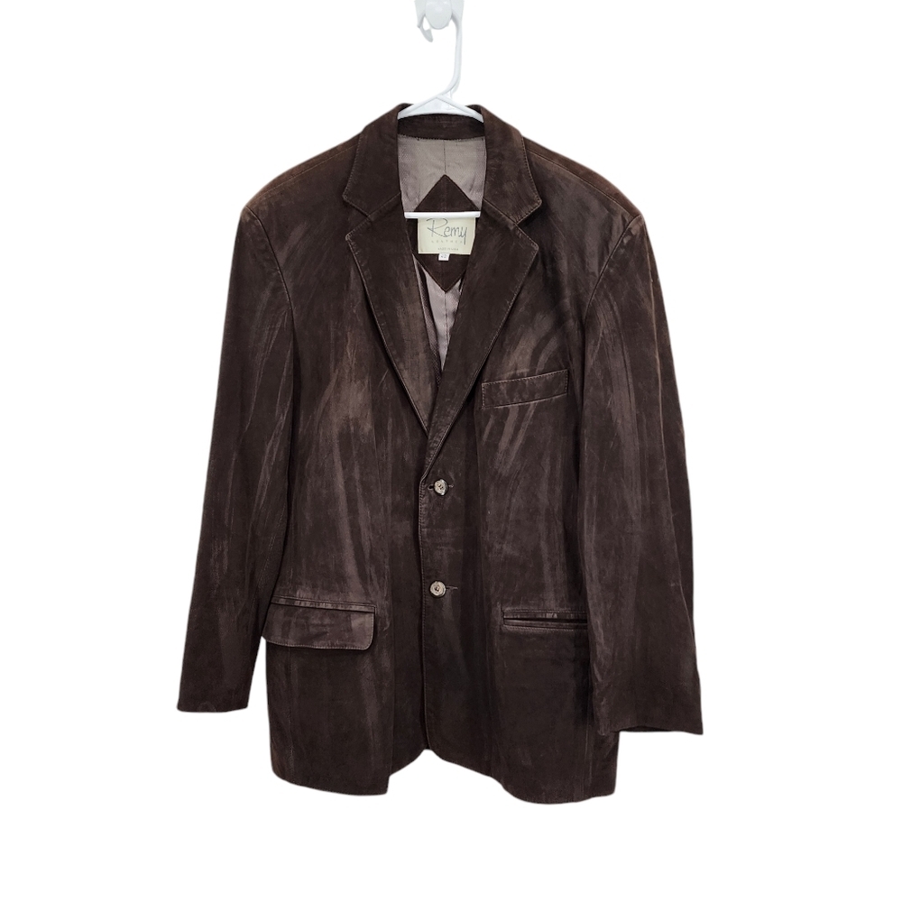 Remy Leather Men's Leather Button Up Blazer Brown- 42